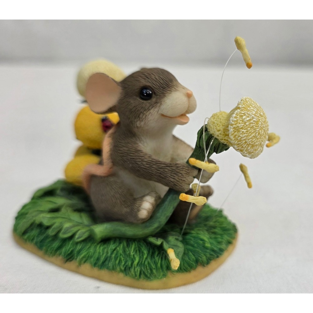 Mouse Blowing Dandelion Figurine Ladybugs Resin Nature Collectible
